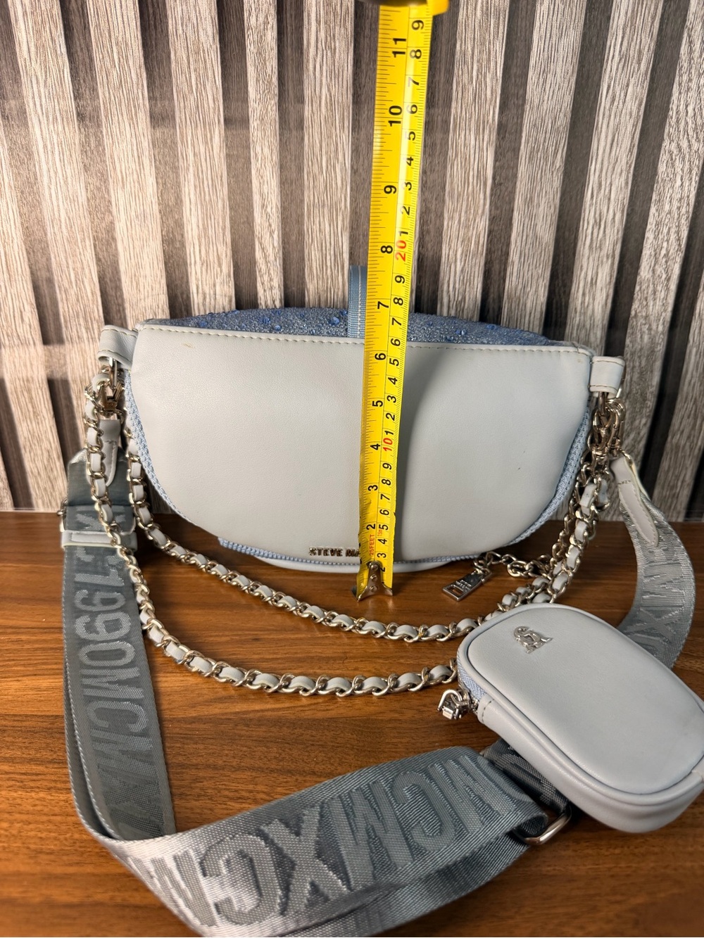 Steve Madden Light Blue Embellished Crossbody Bag with Chain Detail - Picture 16 of 16